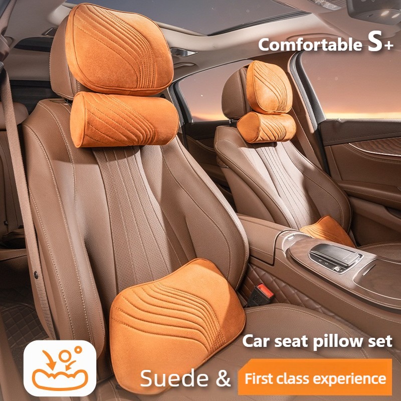 Memory Foam Car Neck Pillow Lumbar Support - Soft Suede Car Seat Pillow Set