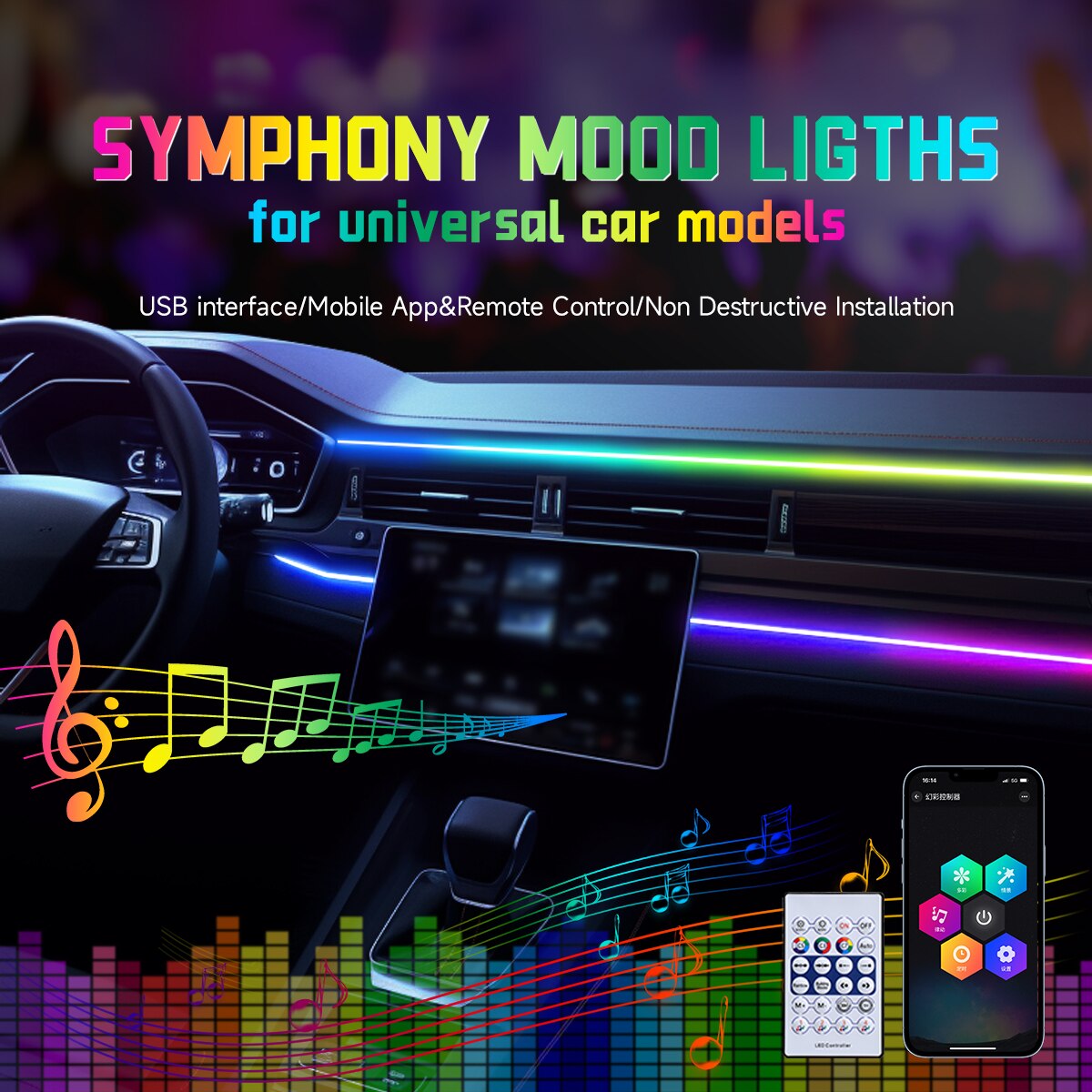 Car USB 64 Colors Acrylic Stri - Led Ambient Interior Car Lights App Control 评论和价格